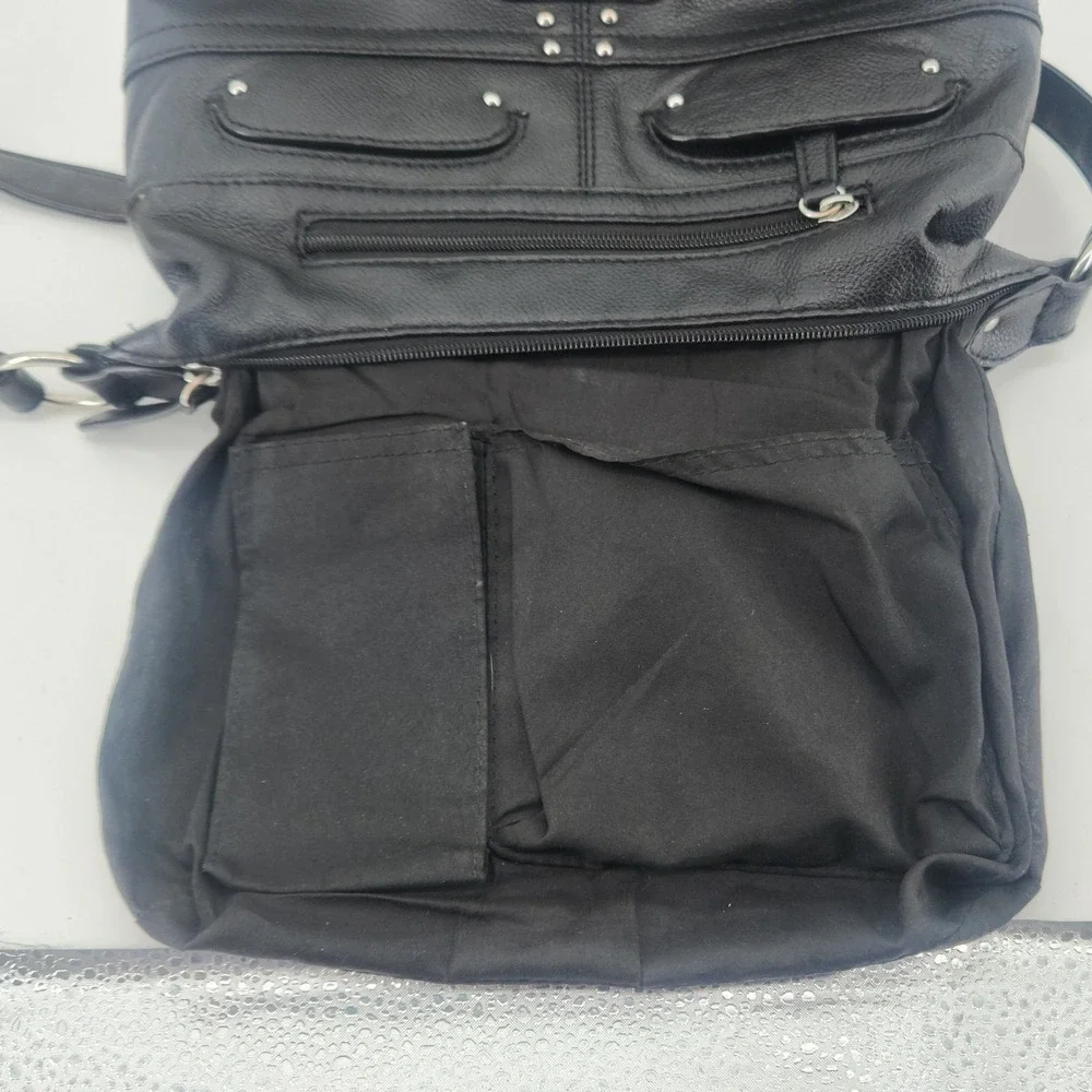Stone Mountain Black Leather Crossbody Bag Dual Zip Top Multi Pocket Studded